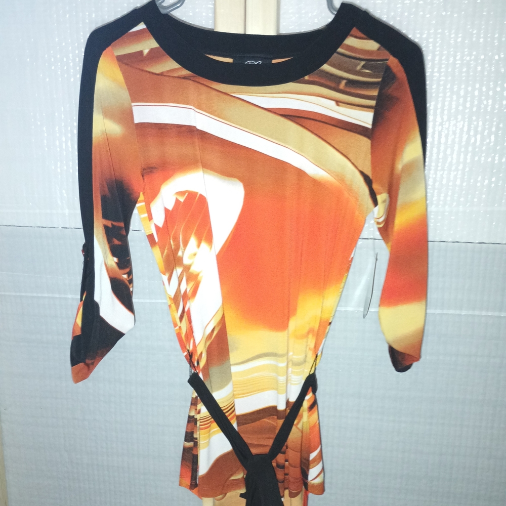 Women's Orange Abstract Print Tie-Waist Tunic Top